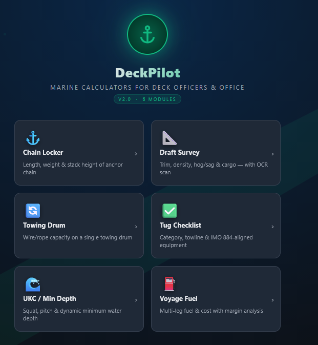 DeckPilot app menu and Draft Survey Calculator screen