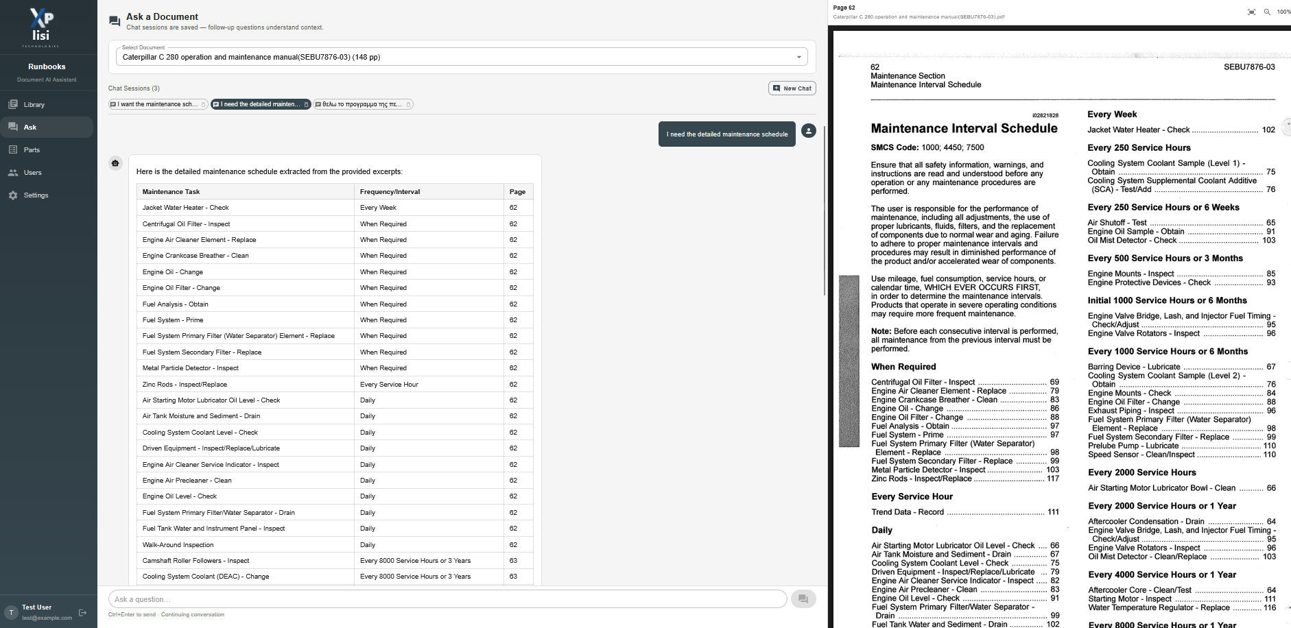 Ask a Document interface and engine parts manual lookup
